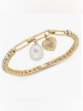On 34th Gold-Tone Crystal Heart & Imitation Pearl Charm Bracelet